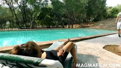 Play Stocking-clad brunette takes a hardcore poolside pounding